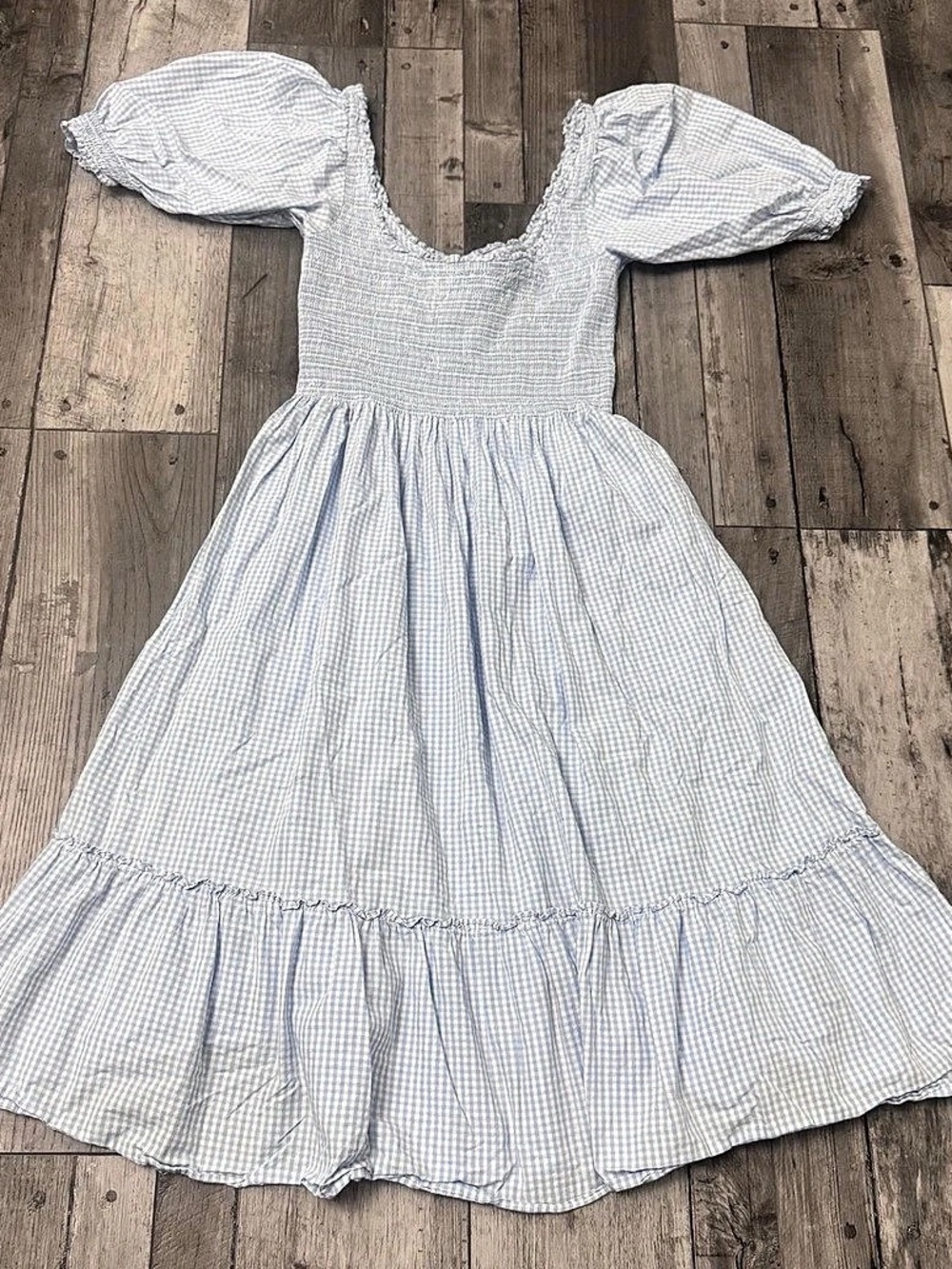 Hill House Home Louisa Nap Dress Blue Checkered Smocked Puff Sleeve Midi Pockets